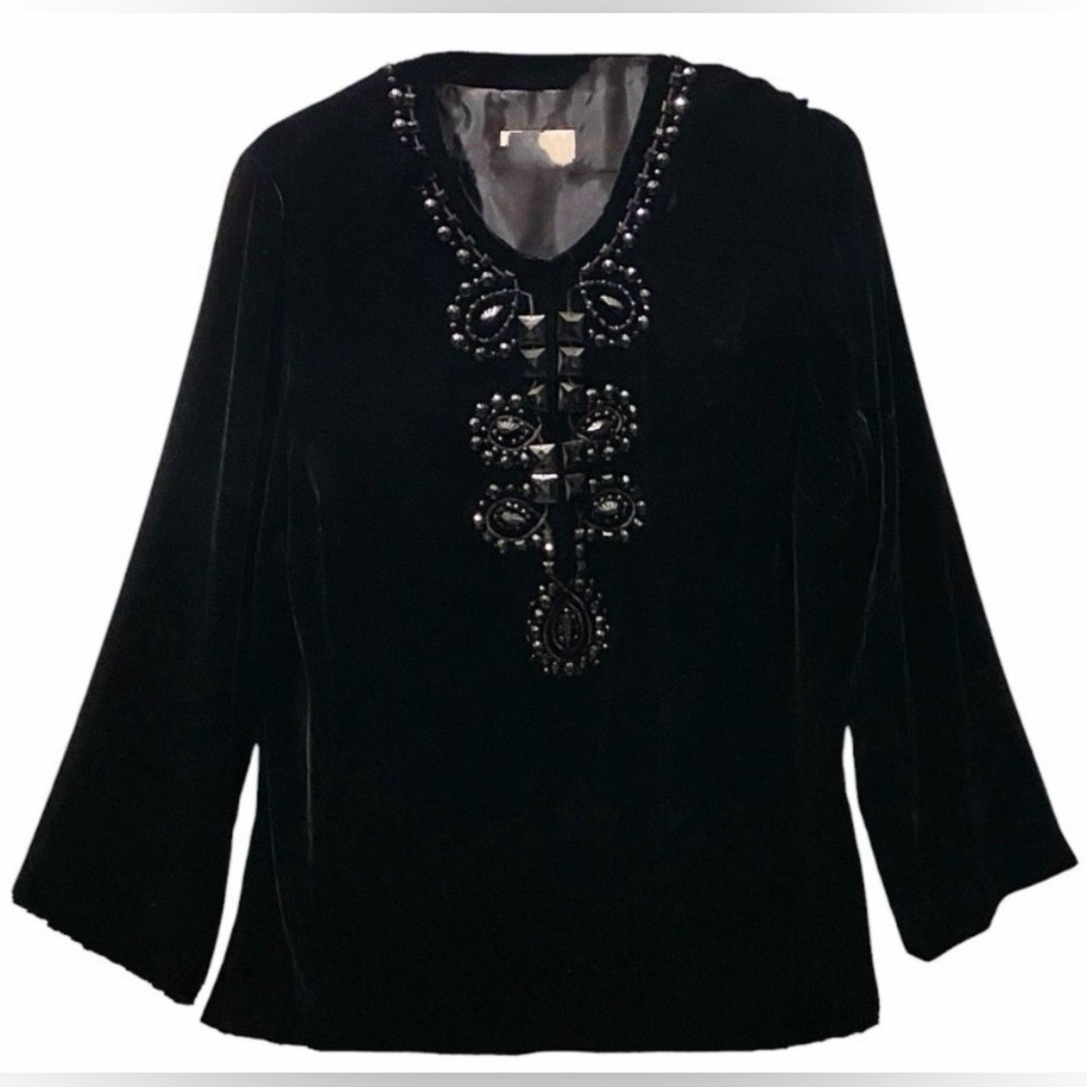 New Talbots Black Velvet Beaded Studded Top 14P Whimsigoth Witchy Fairy
